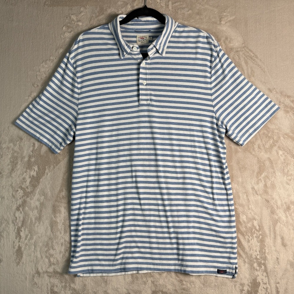 Faherty Polo Shirt Mens L Blue White Striped Short Sleeve Casual Soft Fabric